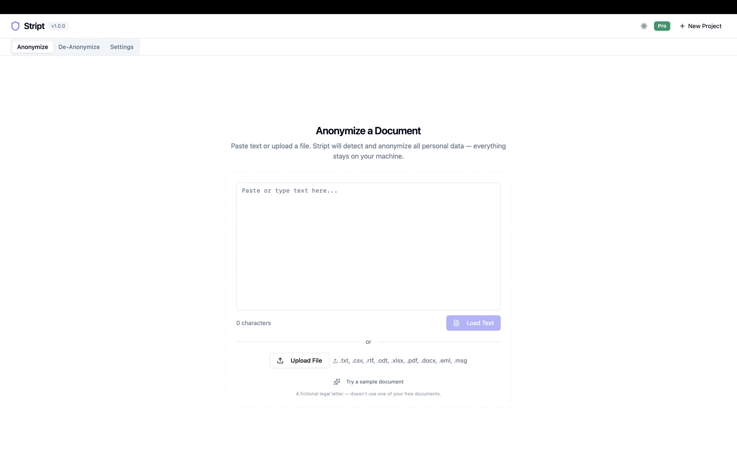 Stript start screen: paste text or upload a document, processed locally.