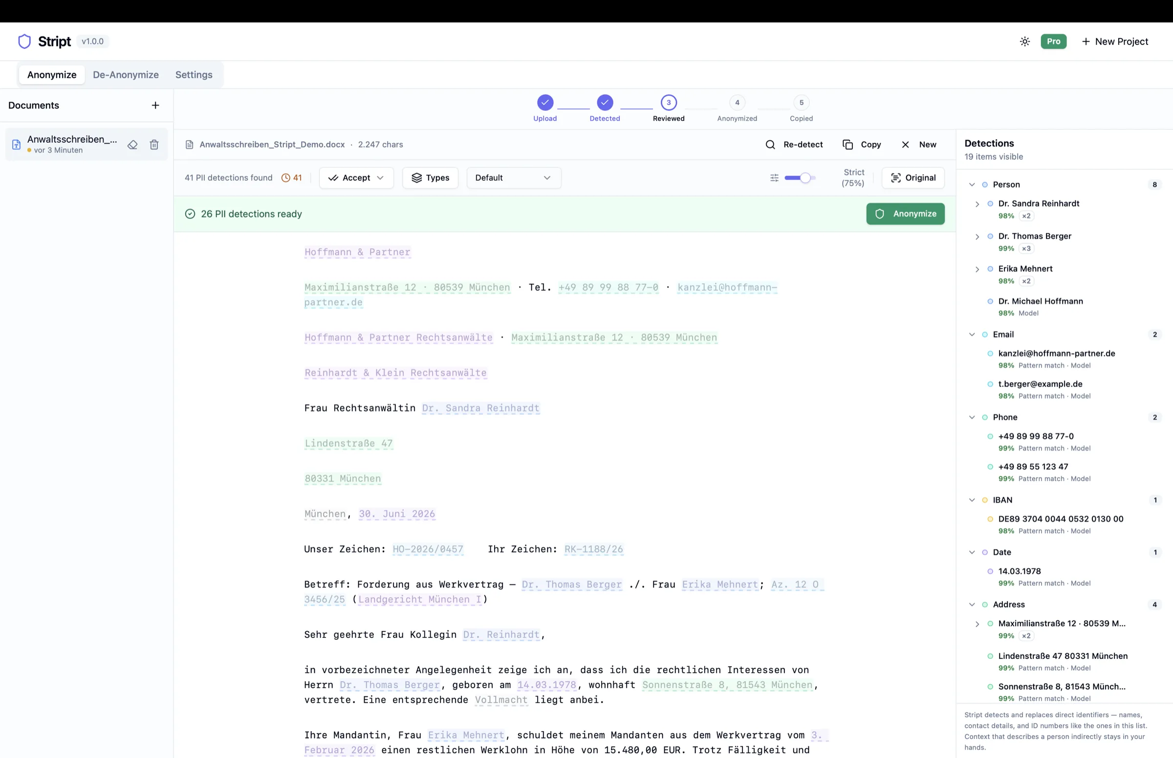 Stript review view: detected personal data highlighted in a legal letter, with a detections sidebar.