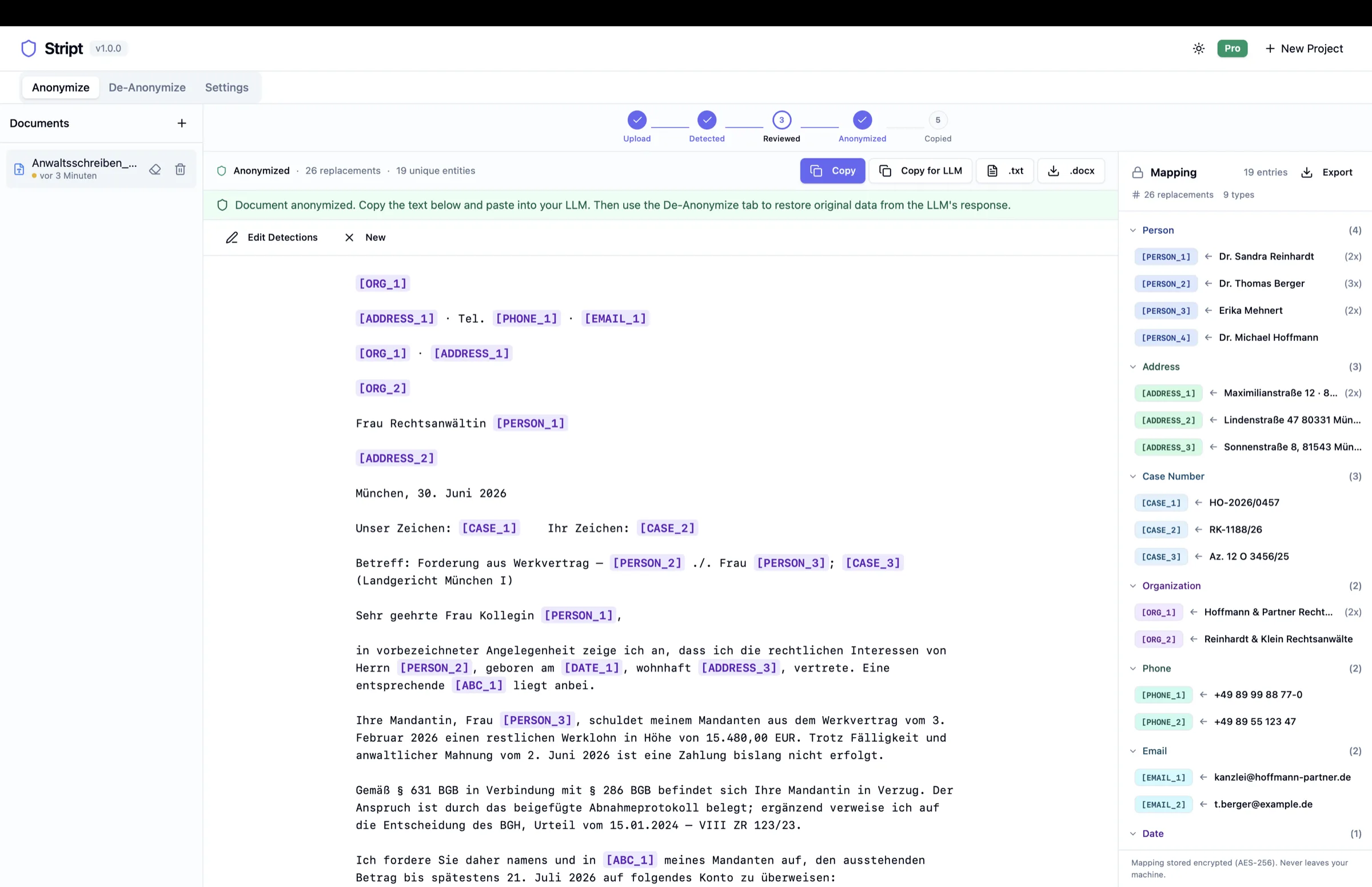 Stript anonymized output with placeholders and .docx and .txt export buttons.